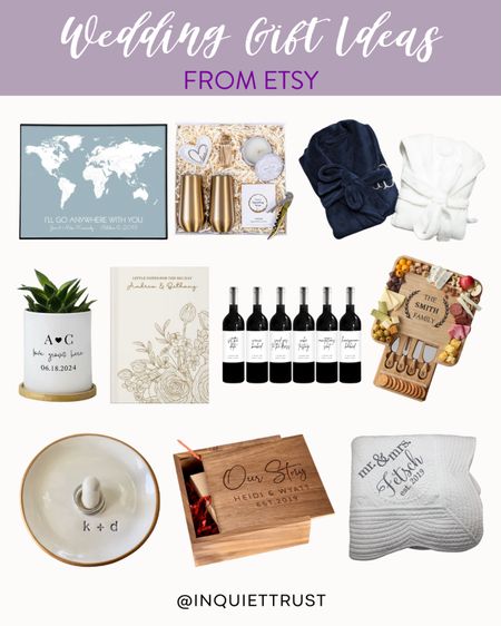 Give the perfect gift to the bride and groom with these Etsy gift ideas: a wall decor, matching bathrobes, guestbook, chacutterie board, a jewelry box, and more!
#affordablefinds #giftguide #homedecor #housewarminggifts 

#LTKStyleTip #LTKSeasonal #LTKGiftGuide