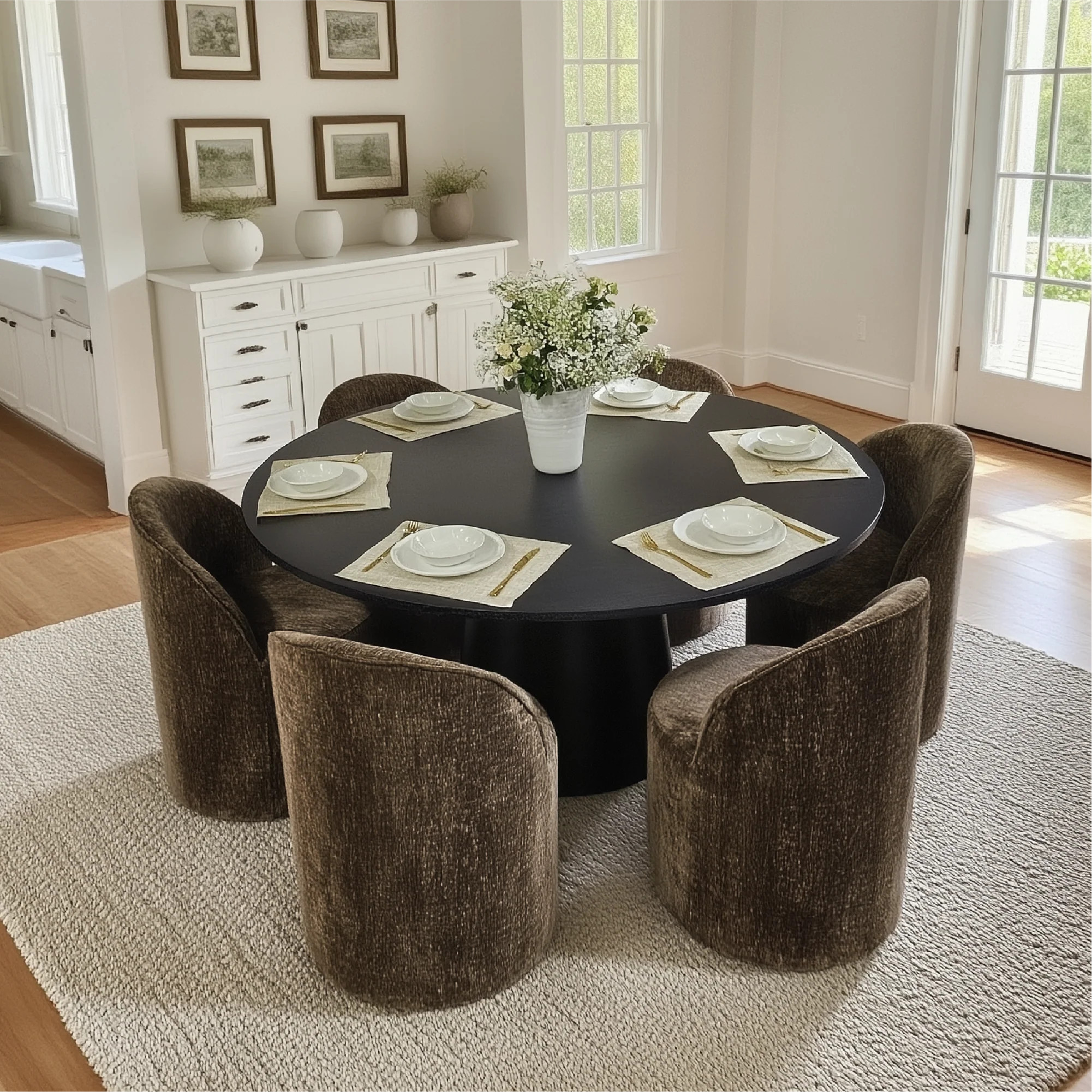 Orchid & Doris 60" Round Black Dining Table Set for 6 (7-Piece) | Pop Maison