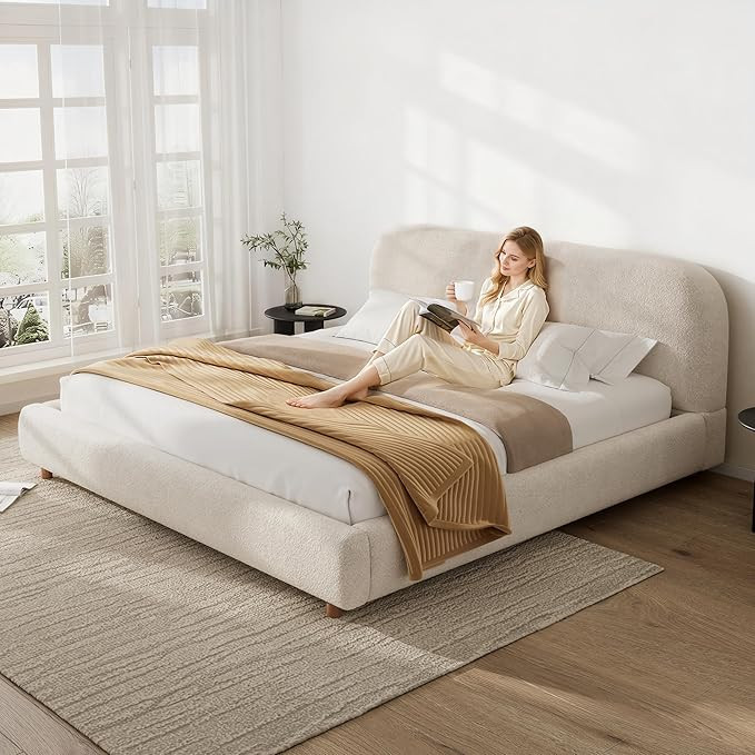 Merax King Size Teddy Fleece Thick Fabric Upholstered Platform Bed with Curved Shaped Headboard, ... | Amazon (US)