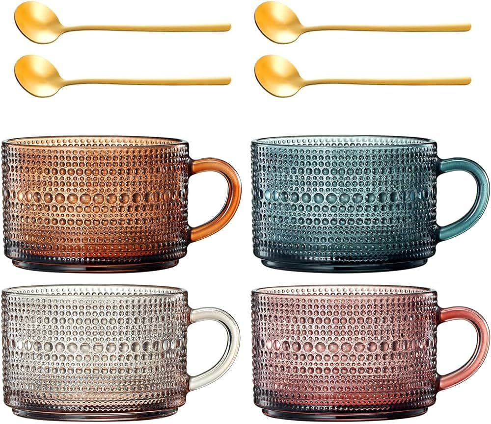 Vintage Glass Coffee Mugs Set With Handles | Set of 4 | 15oz Hobnail Embossed & Gold Spoons, Glas... | Amazon (US)