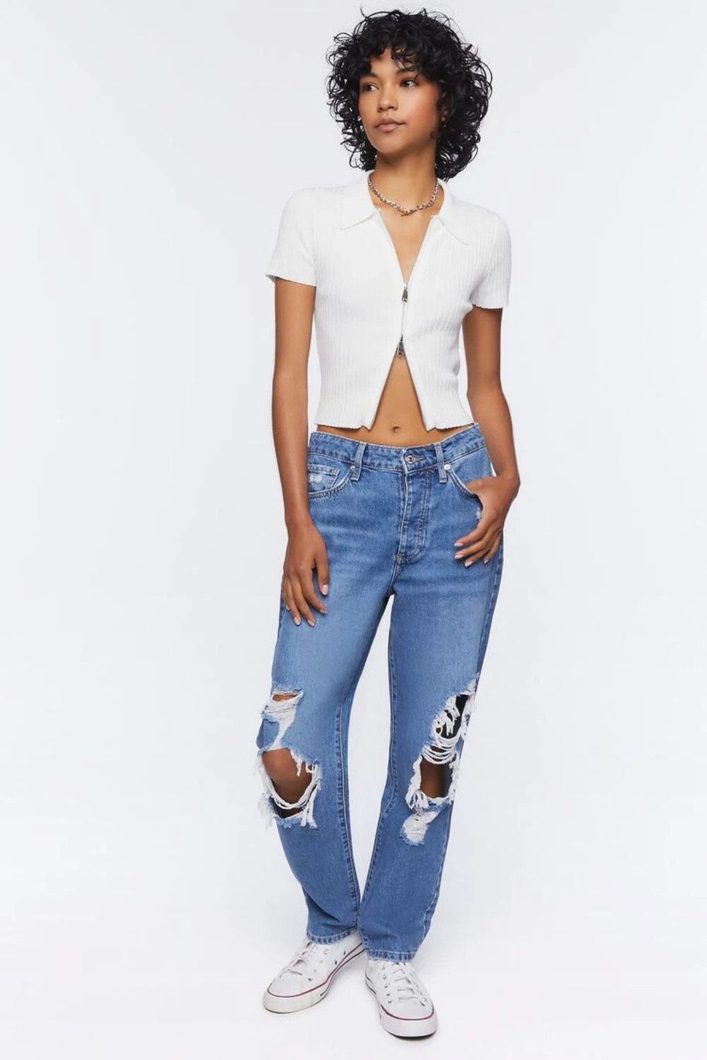 Recycled Cotton Distressed Mom Jeans | Forever 21 (US)