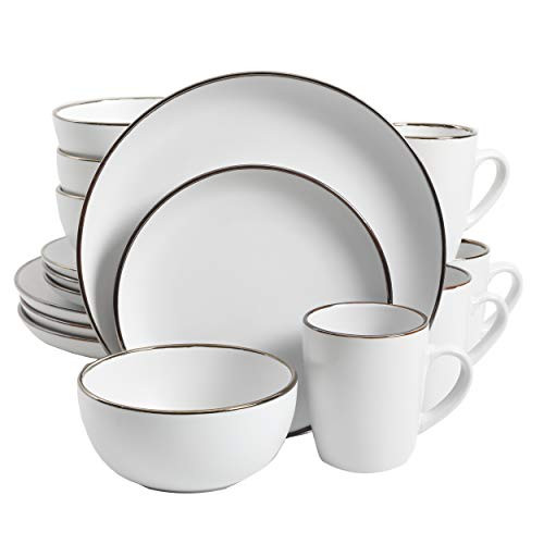 Gibson Home Rockaway Round Stoneware Dinnerware Set, Service for 4 (16pcs), Matte White/Metallic ... | Amazon (US)