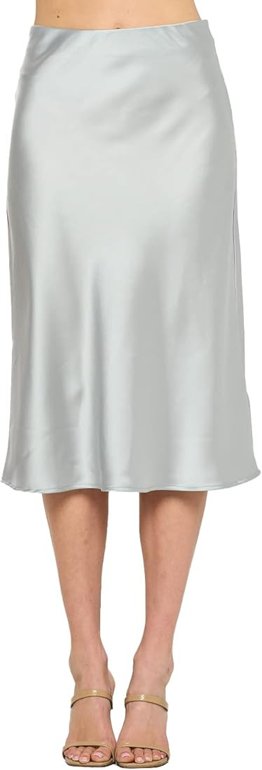 Women Solid High Waist Silky Casual Elastic Satin Midi Skirt -Made in USA (Available in Plus Size... | Amazon (US)