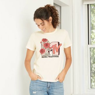 Women's MTV Floral Print Short Sleeve Graphic T-Shirt - Ivory | Target