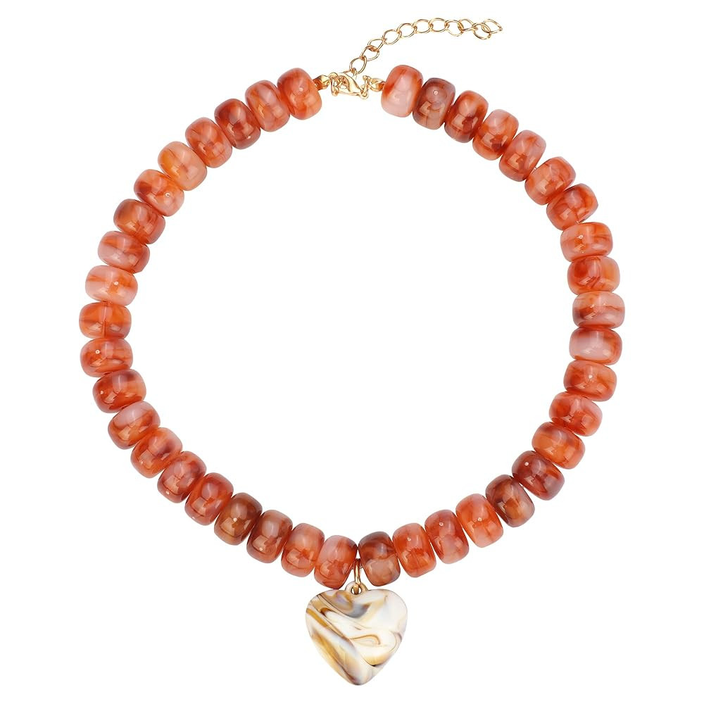 Chunky Colorful Beaded Statement Boho Chokers Necklace Heart Pendant Pink Green Yellow Brown Fash... | Amazon (US)