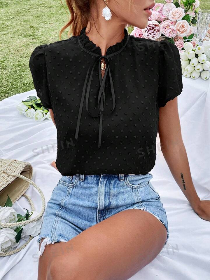 SHEIN VCAY Swiss Dot Tie Neck Puff Sleeve Chiffon Blouse | SHEIN USA | SHEIN