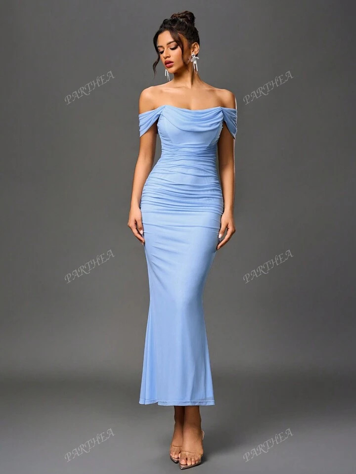 PARTHEA Off Shoulder Mermaid Hem Mesh Ruched Bodycon Long Dress | SHEIN