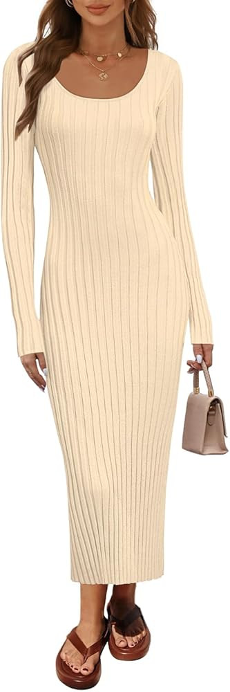 MEROKEETY Women's Fall Long Sleeve Sweater Dress Casual Ribbed Knit Slim Fit Bodycon Maxi Dresses | Amazon (US)