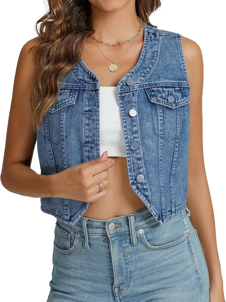 Kedera Women's V Neck Denim Vest Asymmetrical Hem Sleeveless Button Front Jean Vests Crop Tops wi... | Amazon (US)