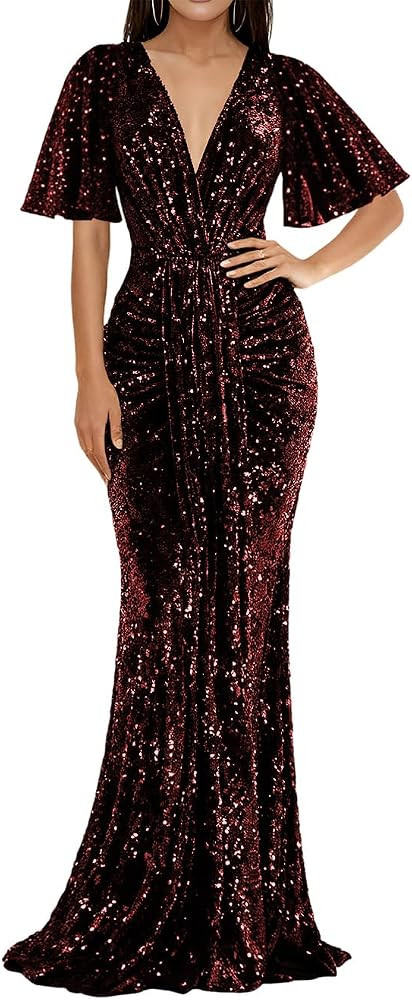 Velvet Sequin Formal Prom Dress for Women Deep V Open-Back Mermaid Gown for Gala | Amazon (US)