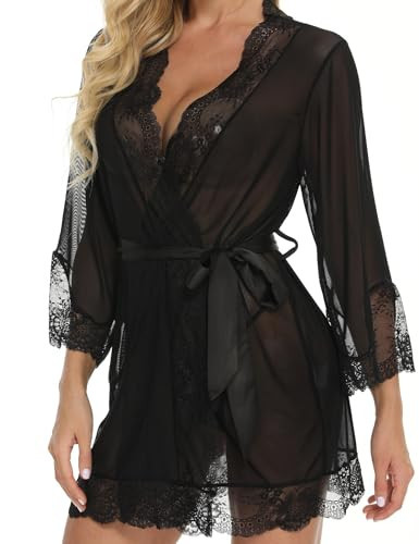 RSLOVE Women Lace Kimono Robe Babydoll Chemise Lingerie Bride Robe for Wedding Party Black XL | Amazon (US)