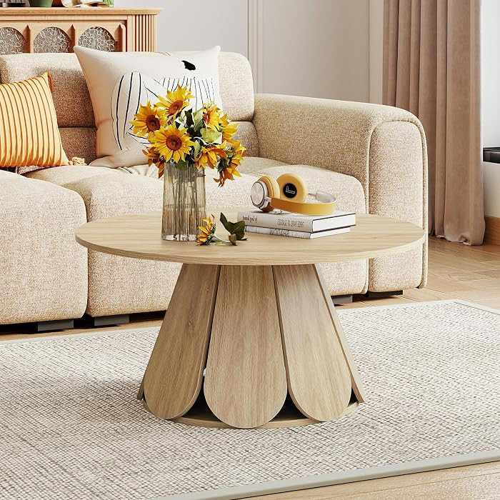 Round Coffee Table, Modern Farmhouse Wood Circle Center Table with Pedestal Base for Small Space,... | Amazon (US)