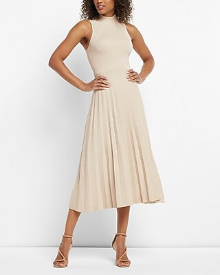 Sleeveless Mock Neck Pleated Midi Sweater Dress | Express