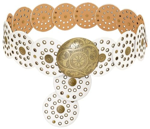 WULIQIUQIU Wide Disc Belt for Women Boho Concho Leather Belts Vintage Western Waist Belt 101CM White | Amazon (US)