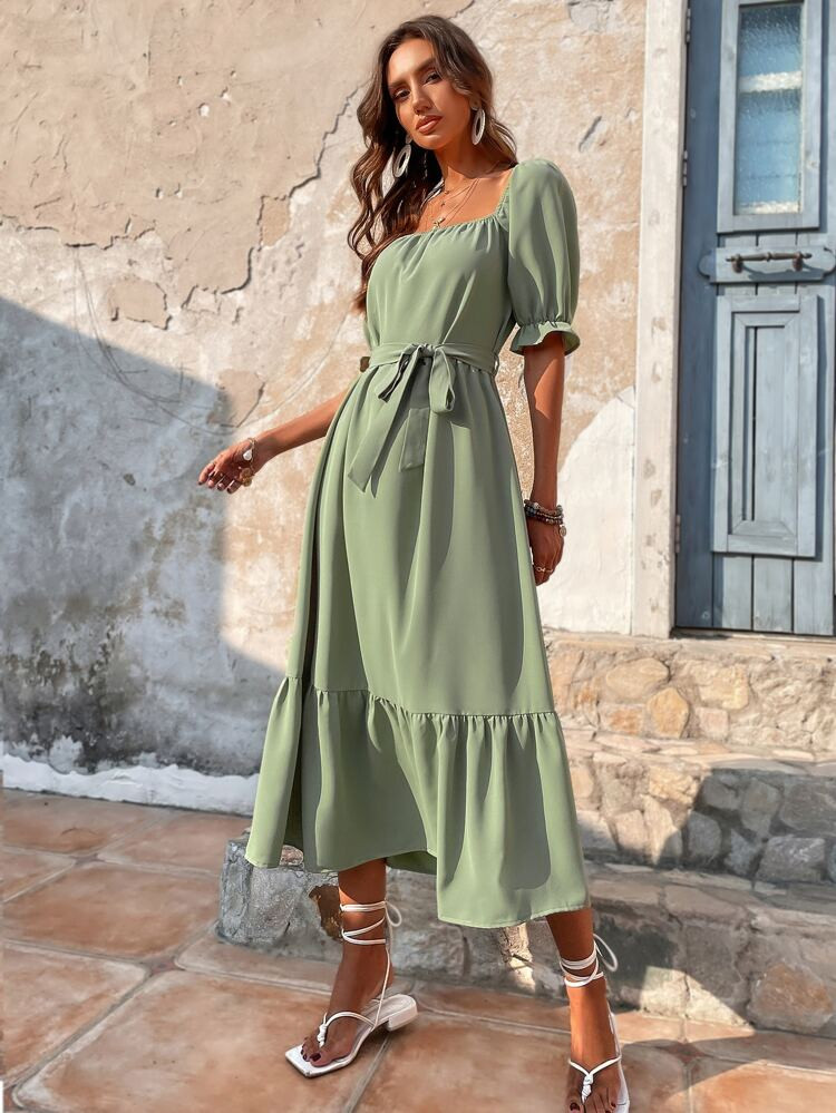 Puff Sleeve Ruffle Hem Belted Dress | SHEIN
