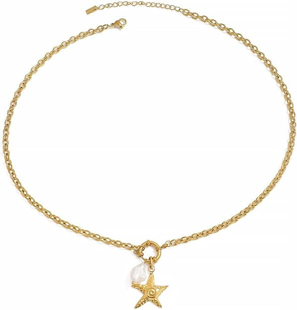 18K Gold Plated Starfish Pendant Necklace Stainless Steel Conch & Pearl Chain Choker for Women Oc... | Amazon (US)