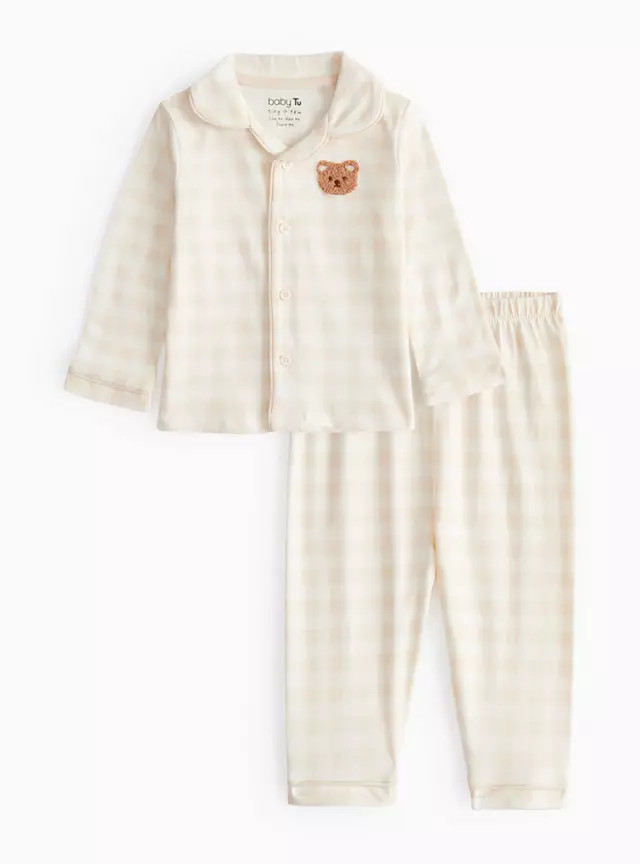 Unisex Cream Gingham Bear Pyjama Set 9-12 months | Tu Clothing