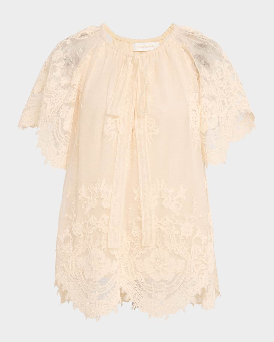 Luna Floral Lace Flutter-Sleeve Blouse | Neiman Marcus
