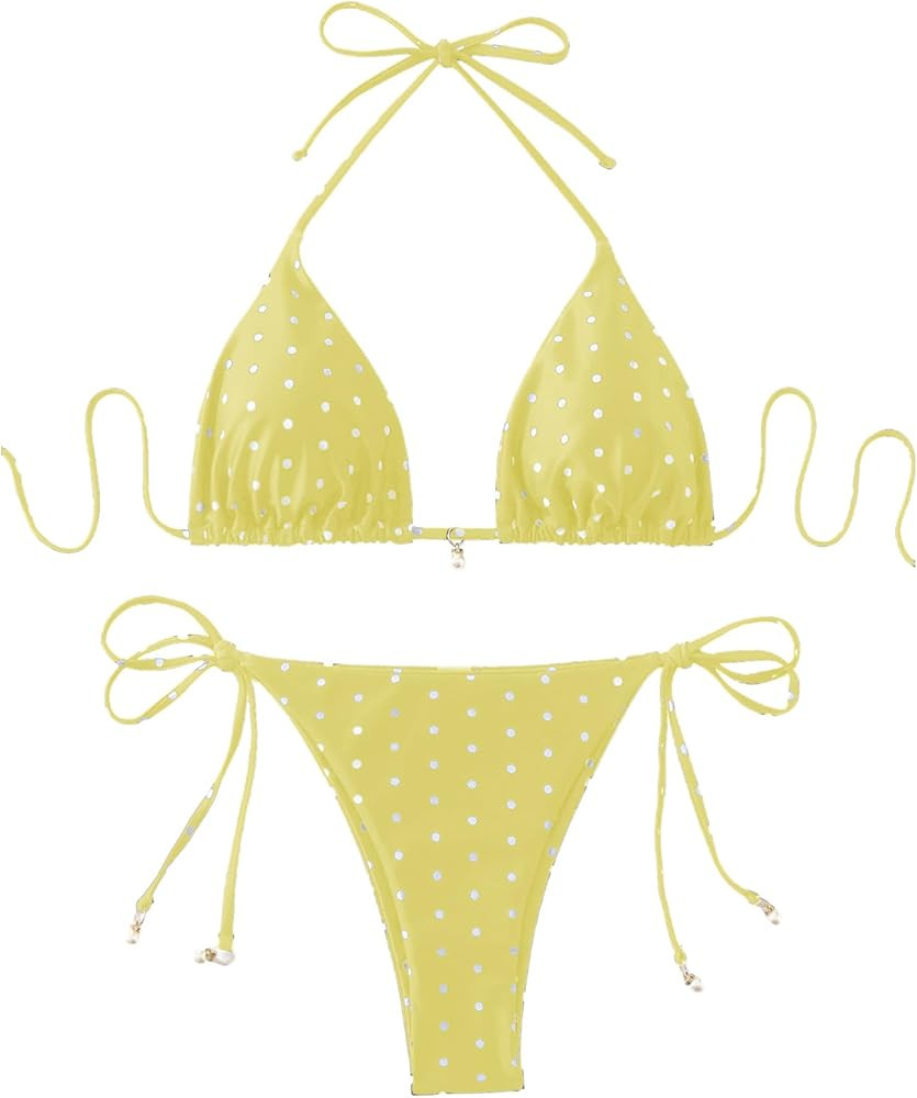 SOLY HUX Women's Polka Dots Print Bathing Suit Halter Triangle Tie Side Bikini Sets Two Piece Swi... | Amazon (US)