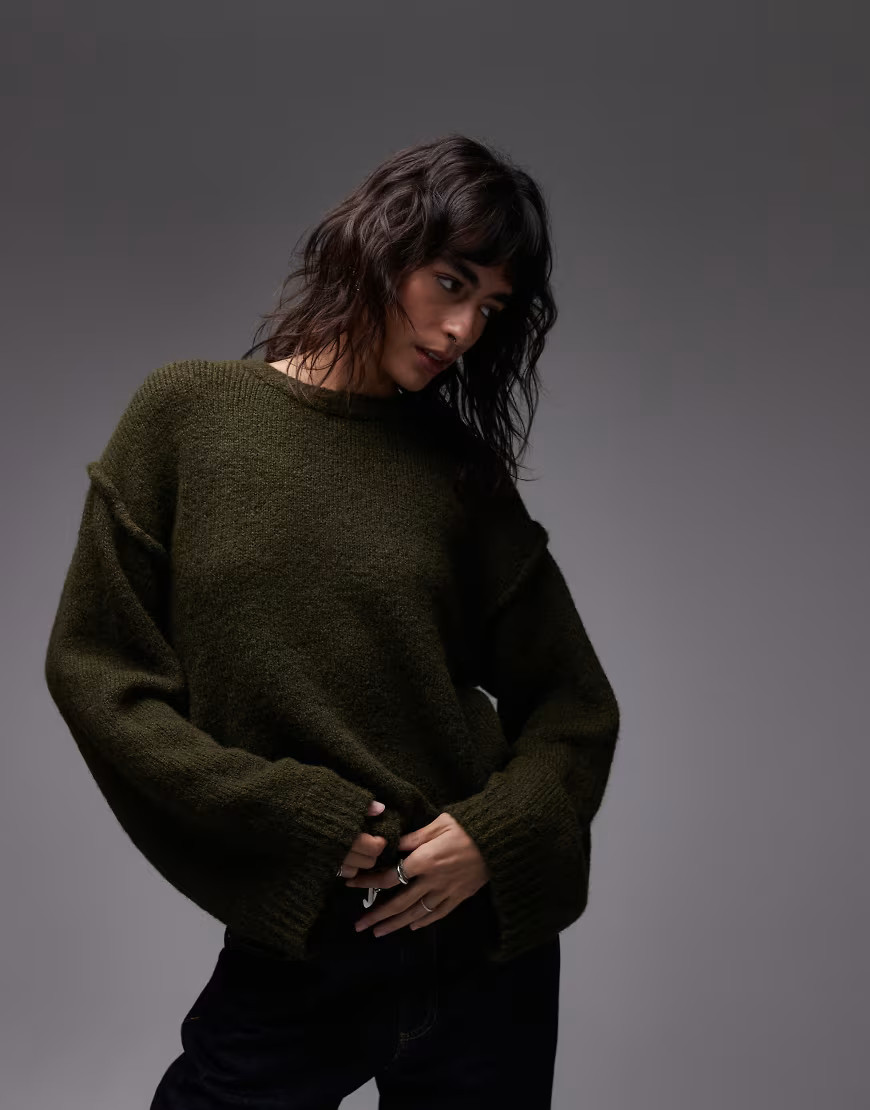 ASOS DESIGN knitted jumper with wool and exposed seams in khaki-Green | ASOS (Global)