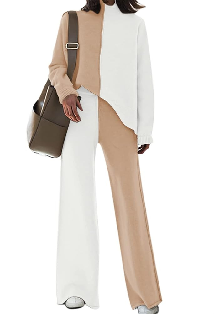 Linsery Women 2 Piece Sweater Sets High Neck Knitted Pullover Wide Leg Casual Sweatsuit | Amazon (US)