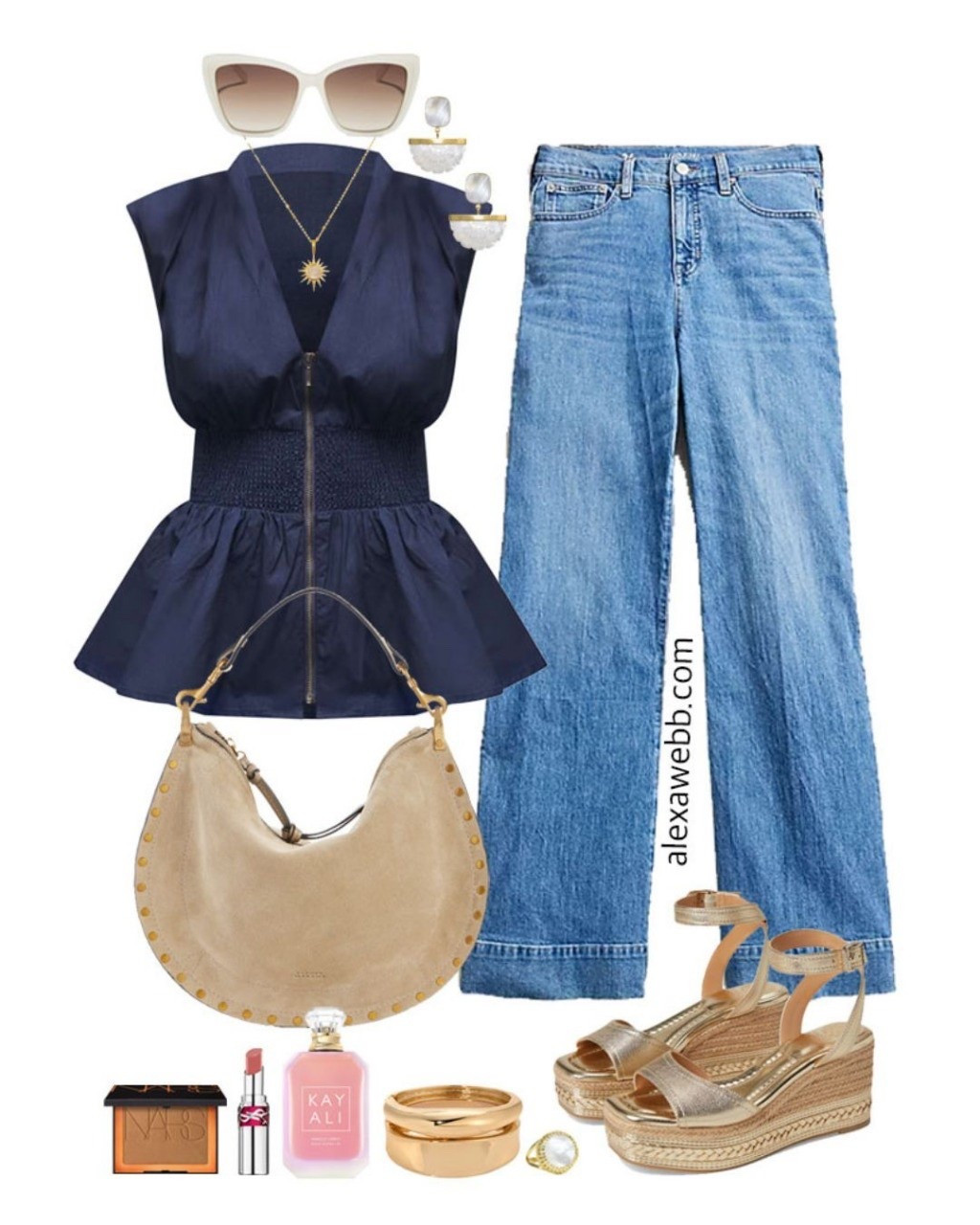 Plus Size Navy Peplum Top Outfit - A plus size summer outfit that's a little boho or Bohemian. Featuring a navy peplum top paired with wide leg jeans, gold wedge sandals, and gold jewelry. Alexa Webb #plussize

#LTKOver40 #LTKPlusSize #LTKStyleTip