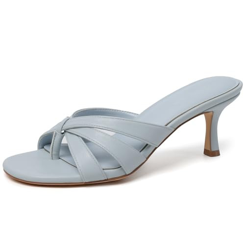 Mostrin Blue Strappy Kitten Heels for Women Round Open Toe Flip Flops Slip On Mules Heels Fashion Thong Heeled Sandals for Holiday Wedding Daily Size 10 | Amazon (US)