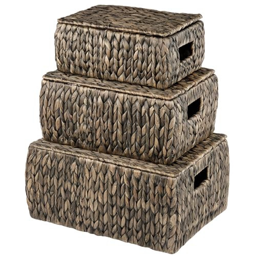 Set of 3 Black Wicker Baskets with Lid - Black Baskets for Organizing, Storage | Amazon (US)