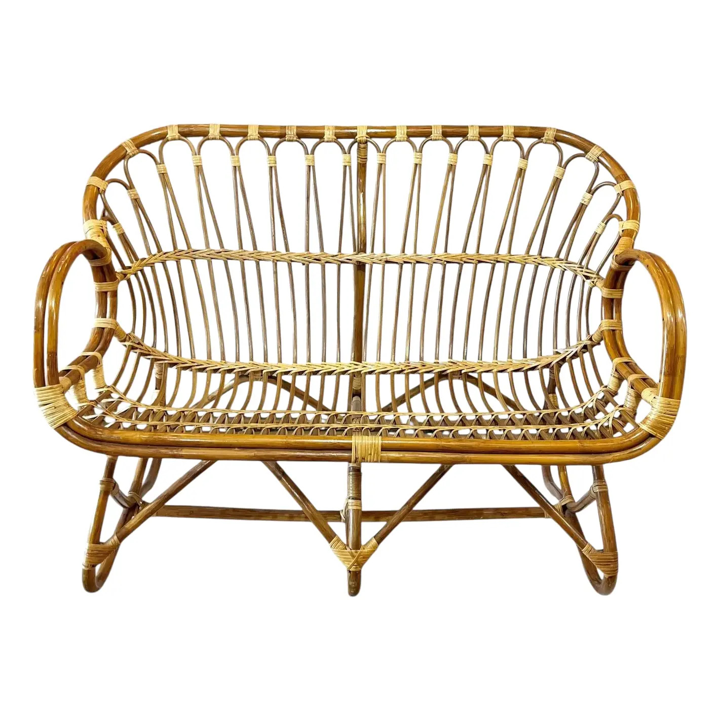 Late 20th Century Vintage Franco Albini Style Rattan Scoop Loveseat | Chairish
