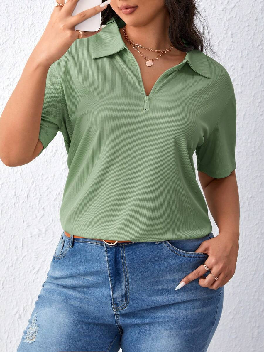 SHEIN Essnce Plus Size Women's Casual Daily Commute Simple Solid Color Half Zip Turndown Collar S... | SHEIN