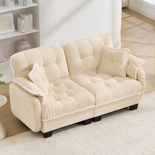 Aoowow Chenille Loveseat Cloud Sofa Couch Deep Seat,Modular Sectional Cream Beige 2 Seater Sofas with Pom Pom Trim,Tufted Small Love Seat Couches with Curved Arms for Small Spaces Living Room | Amazon (US)