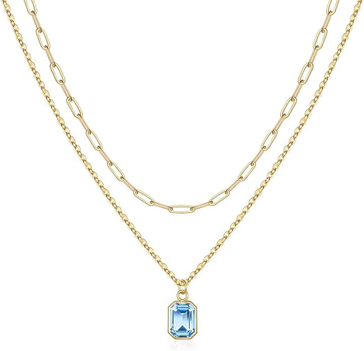 Mothers Day Gifts for Mom - Layered Birthstone Necklace for Women Girls, Gold Layered Paperclip C... | Amazon (US)