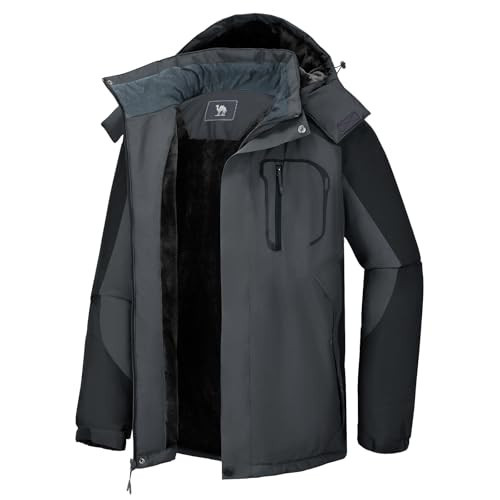 CAMEL CROWN Men's Ski Snow Jacket Waterproof Winter Snow Coat Windproof Warm Fleece Lining Hooded Parka Rain Jacket Grey/Black L | Amazon (US)
