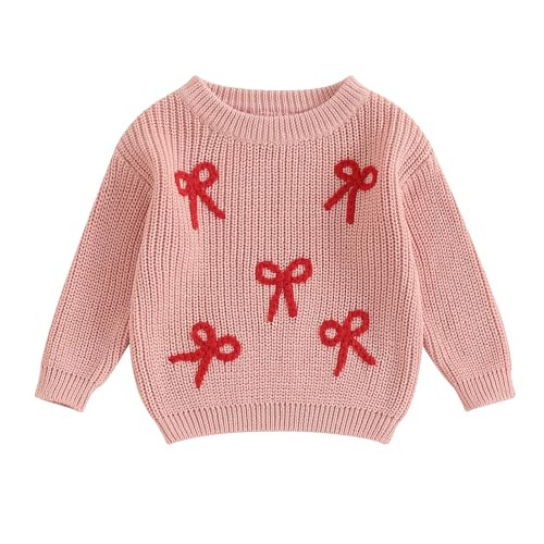 Baby Girl Chunky Knit Sweater Long Sleeve Crewneck Embroidery Sweatshirt Toddler Pullover Tops Warm Clothes (Embroidered Bowknot-Pink, 2-3T) | Amazon (US)