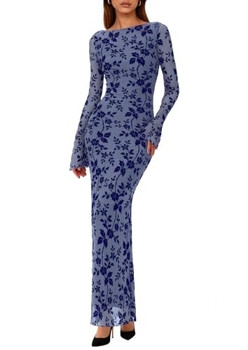 PRETTYGARDEN Women's Floral Bodycon Maxi Dress 2026 Spring Elegant Mesh Long Sleeve Formal Wedding Guest Cocktail Dresses (Dusty Blue,X-Large) | Amazon (US)