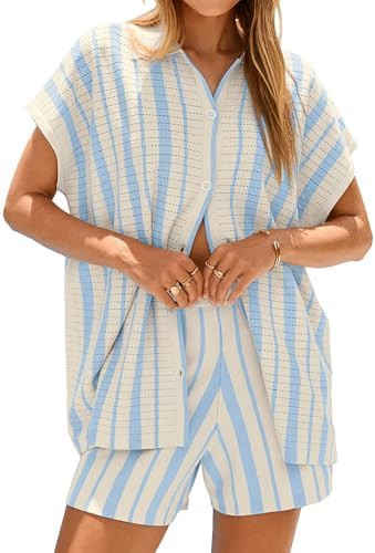 Glamaker Summer 2 Piece Shorts Sets Women Beach Vacation Crochet Button Striped Outfits Sweater C... | Amazon (US)