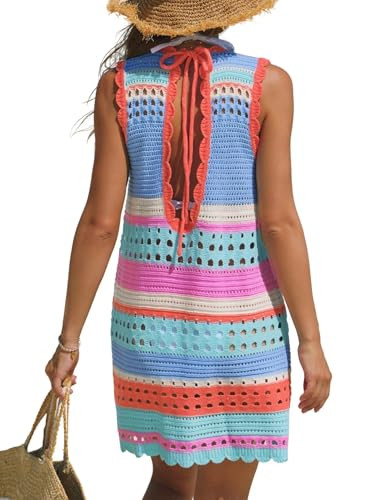 popvil Women’s Swimsuit Crochet Swim Cover Up 2026 Sleeveless Loose Bathing Suit Swimwear Mesh ... | Amazon (US)