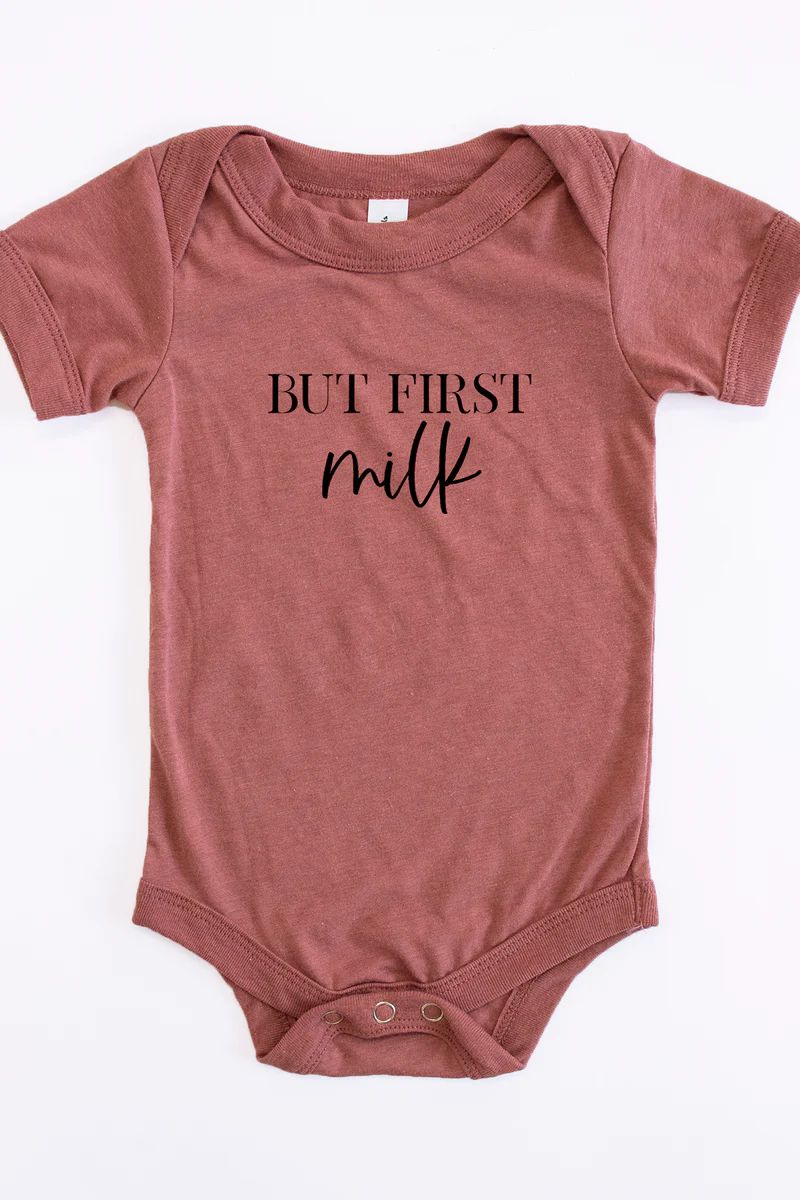 But First Milk Black Script Graphic Onesie | The Pink Lily Boutique
