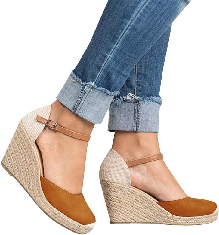 Womens Summer Espadrille Heel Platform Wedge Sandals Ankle Buckle Strap Closed Toe Shoes… | Amazon (US)