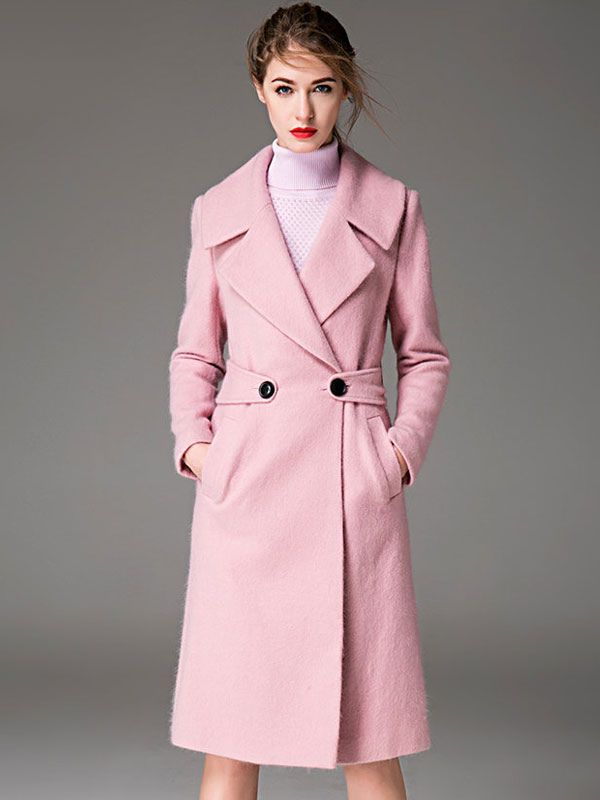 Pink Pea Coat Notch Collar Long Sleeve Women's Wool Coats | Milanoo