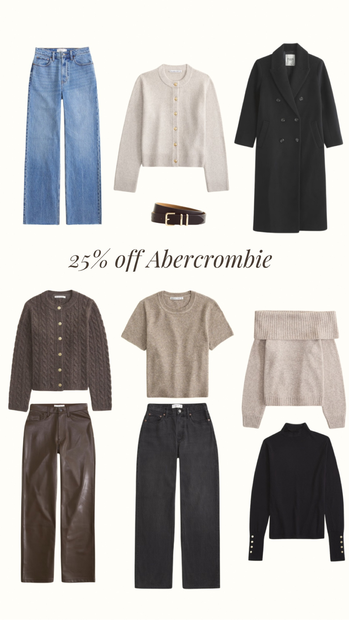25% off Abercrombie! Here are my top picks 🫶🏼 I wear size S in jumpers/ cardigans, M in the coat and W27 short in jeans & trousers! 

#LTKeurope #LTKuk #LTKCyberWeek