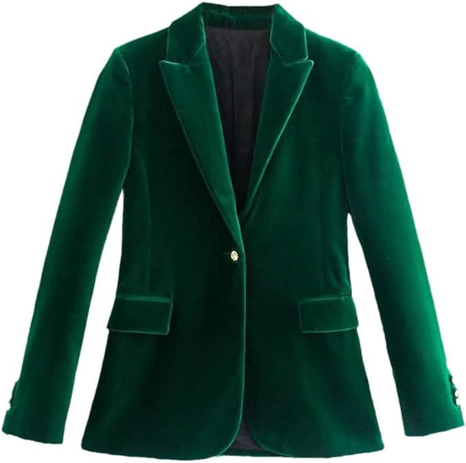 Women Dark Green Velvet Blazer Jacket Elegant Coat Slim Fit Office Lady Solid Long Sleeve Single ... | Amazon (US)
