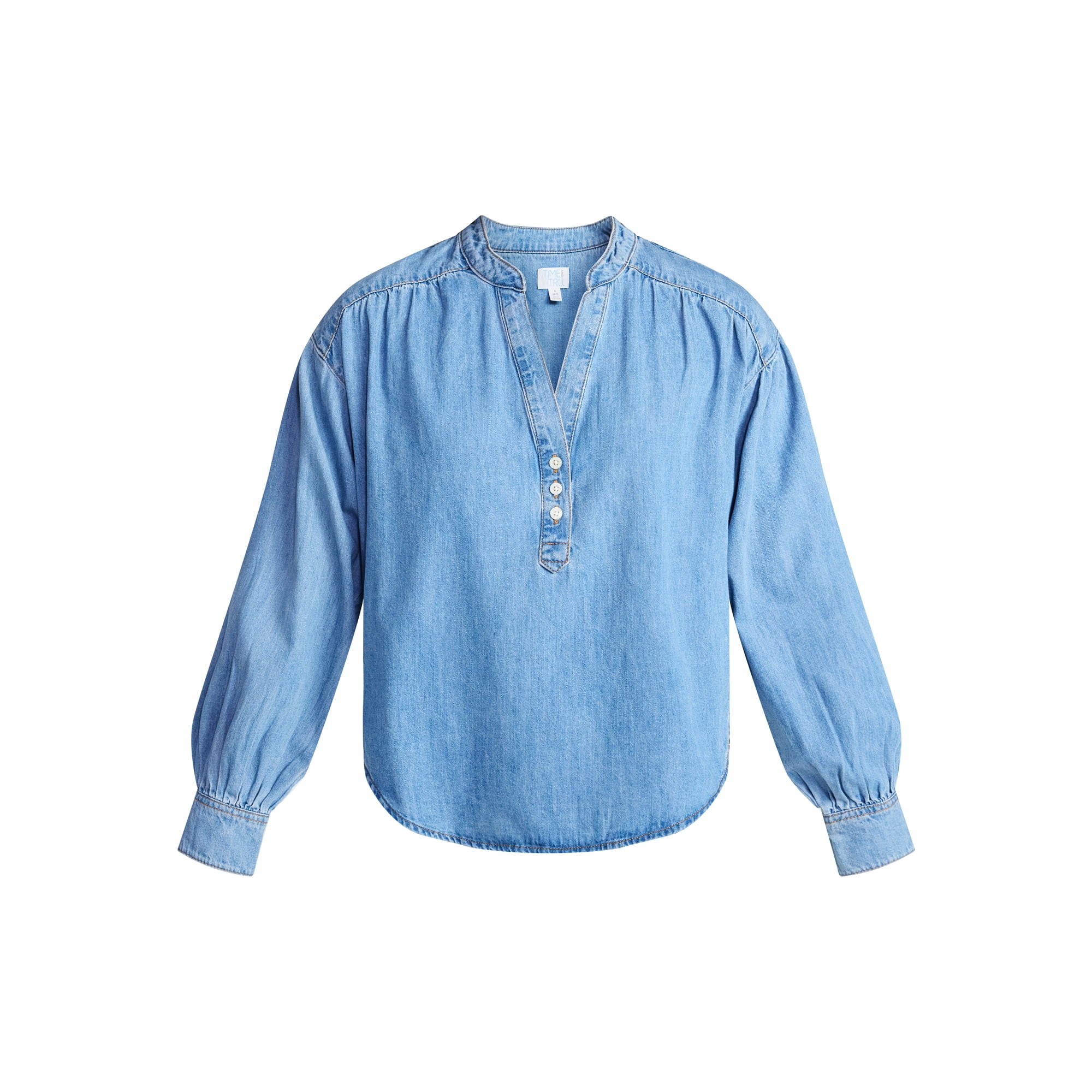 Time and Tru Women's Popover Denim Top with Long Sleeves, Sizes XS-XXXL | Walmart (US)