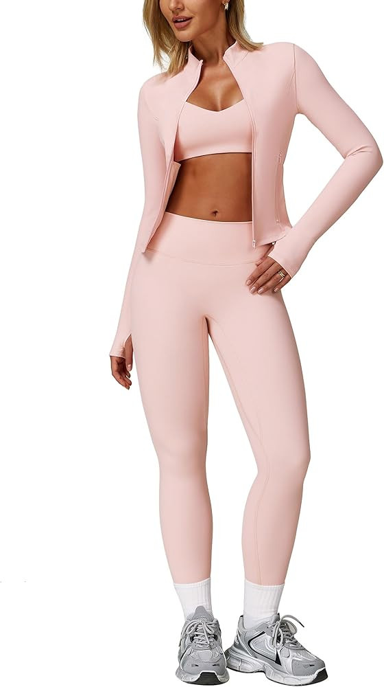 Workout Sets for Women 3 Piece High Waisted Seamless Leggings Crop Top Jacket Gym Yoga Outfit Str... | Amazon (US)