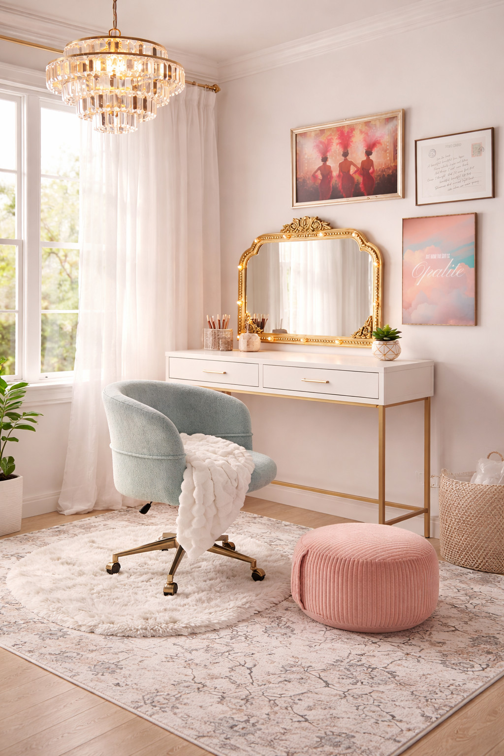 A room fit for a showgirl ✨ a glamorous Taylor Swift-inspired bedroom or dorm room! Complete with a lighted marquee vanity mirror, plush teal and blush pink accents, crystal chandeliers, Opalite skies wall art and vintage showgirls of course. Life of a showgirl, opalite, eldest daughter, swiftie (created with AI based on real-life products) 

 #LTKHome #LTKFindsUnder100 #LTKKids