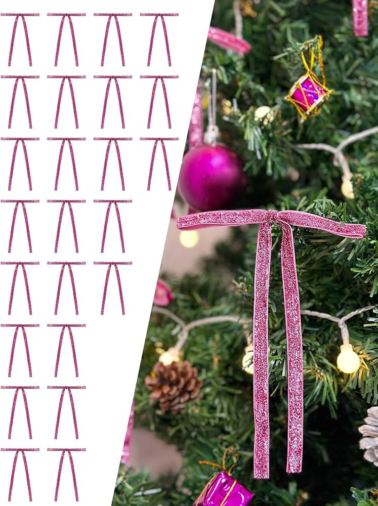 24 Pcs Pink Glitter Velvet Christmas Tree Bows Sparkle Door Garland Decor Vintage Wreath Bow (3/8... | Amazon (US)