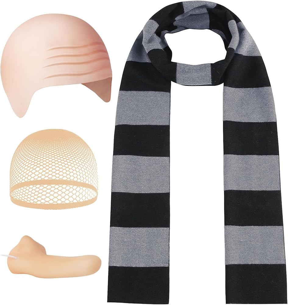 4 Pcs Halloween Costume Accessories for Adult,Black Gray Striped Scarf/Fake Nose/Bald Cap for Men... | Amazon (US)