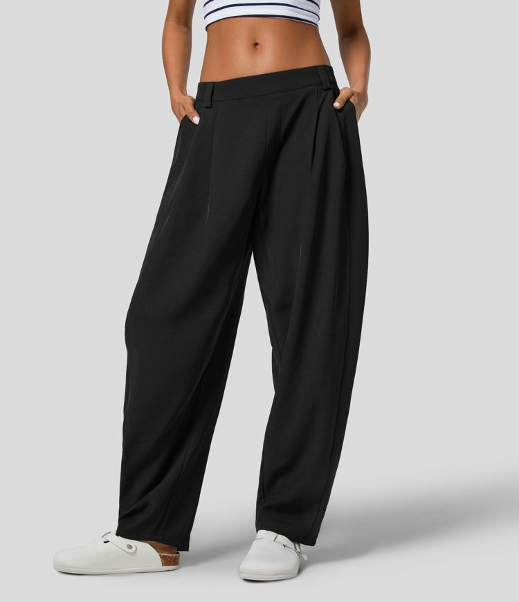 Damen Stoffhose mit mittelhohem Bund, gefalteten Seitentaschen und Barrel-Leg - Halara | HALARA