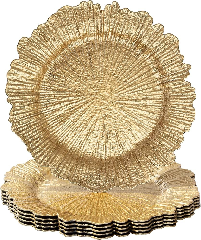 MAONAME Round 13" Gold Charger Plates, Set of 6, Reef Plate Chargers for Dinner Plates, Plastic T... | Amazon (US)