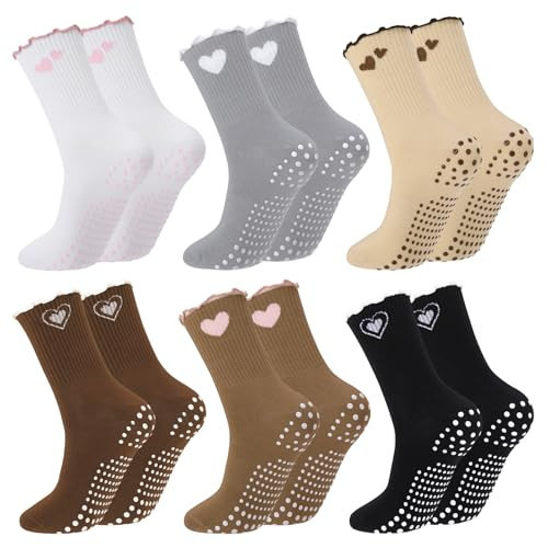 scenicamp 6 Pairs Pilates Grip Socks for Women, Cute Non-Slip Ruffle Yoga Socks with Grippy Dots & Arch Support for Ballet & Reformer(Heart) | Amazon (US)